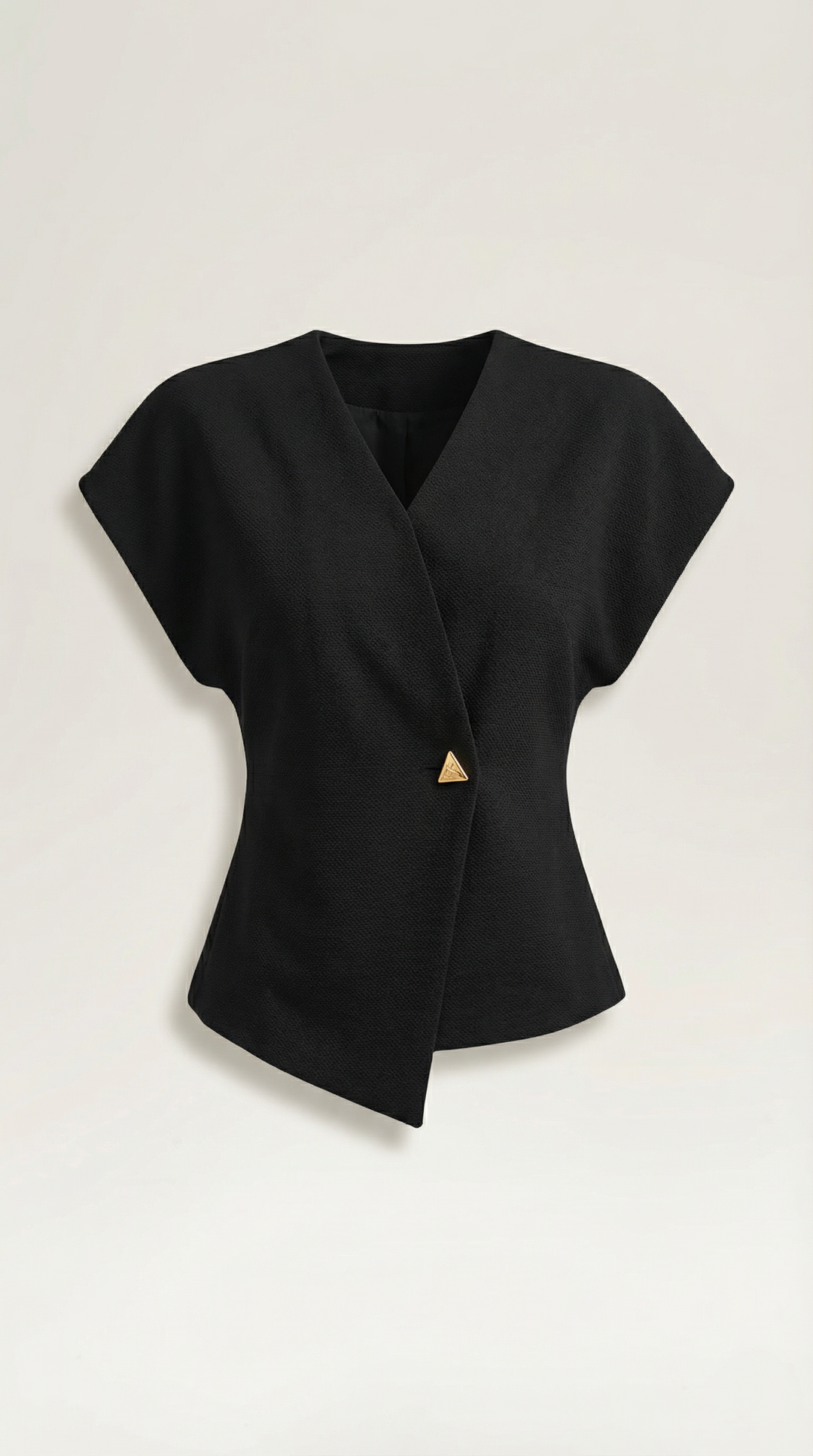 Amy V-Neck Blouse: sleeveless, asymmetrical wrap design, perfect for modern women's fashion.