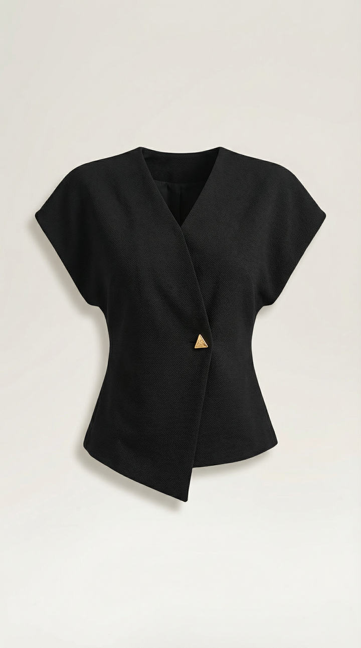 Amy V-Neck Blouse: sleeveless, asymmetrical wrap design, perfect for modern women's fashion.