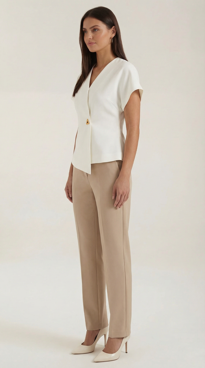 Front view of Amy V-Neck Blouse, showcasing elegant wrap detailing and structured shoulders.
