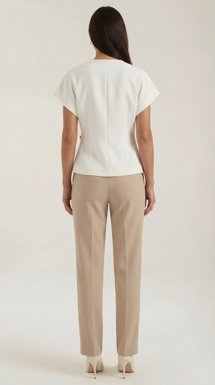 Amy V-Neck Blouse in black, a versatile sleeveless top perfect for workwear and elegant styling.