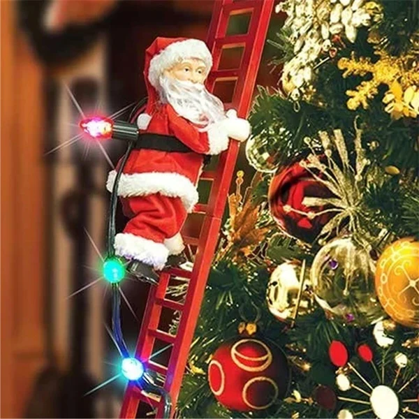 Animated climbing Santa Christmas tree ornament playing festive holiday music, perfect for winter decor.
