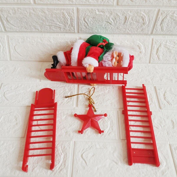 Close-up of a cheerful animated Santa ornament scaling a Christmas tree, a fun festive decoration.