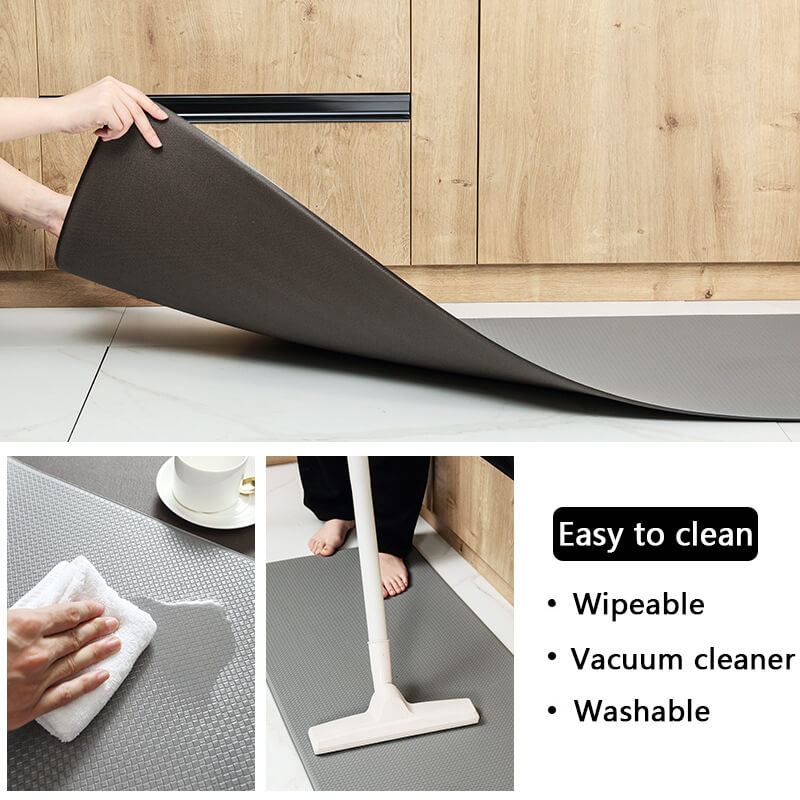 Comfort kitchen mat. Cushioned anti-fatigue PVC rug for standing long hours, providing superior kitchen support.