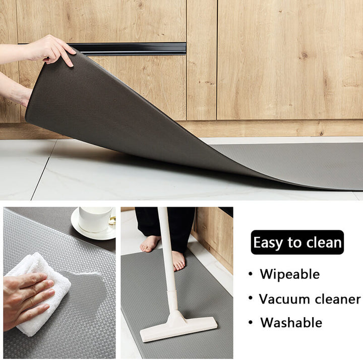 Comfort kitchen mat. Cushioned anti-fatigue PVC rug for standing long hours, providing superior kitchen support.