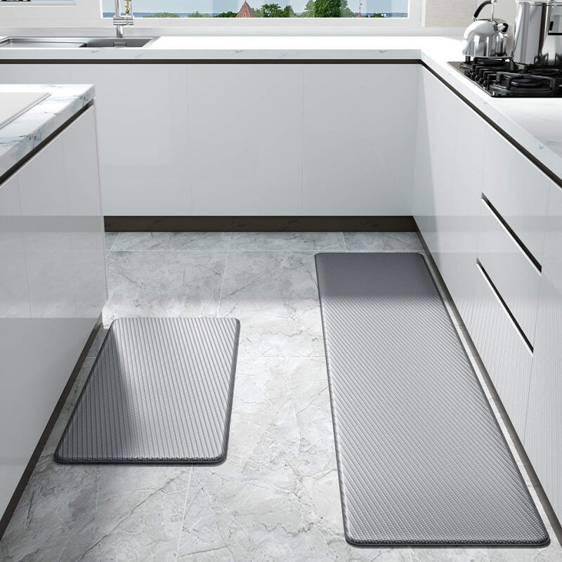 Stylish gray anti-slip kitchen rug. Waterproof comfort mat for modern home decor, cushioned & fatigue relief.