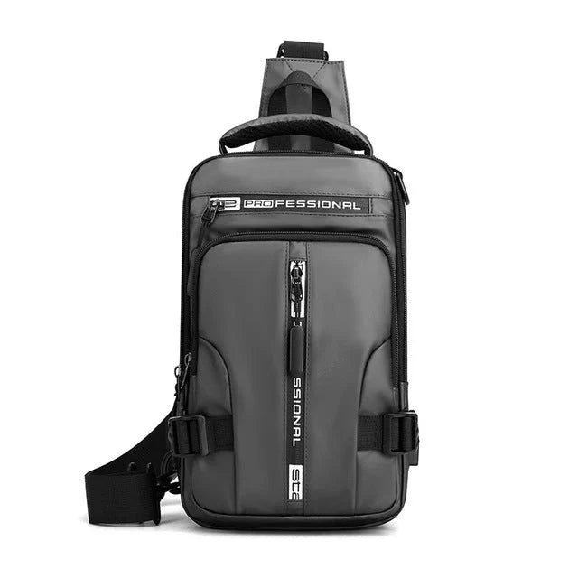 Side view of the secure travel backpack highlighting its water-repellent exterior and side pocket.