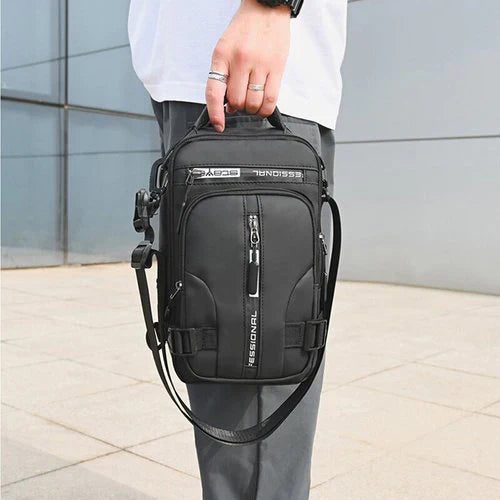 Bottom view of the anti-theft USB backpack, demonstrating its sturdy construction and flat base for stability.
