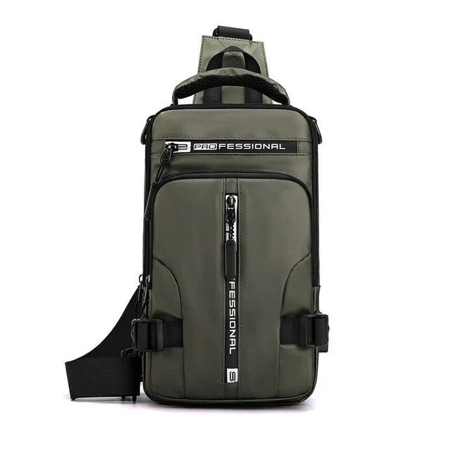 Detail shot of the anti-theft lock mechanism on the main compartment of the travel backpack.