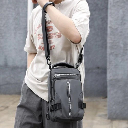 Woman using the anti-theft water-resistant laptop backpack for a business trip, with her laptop inside.
