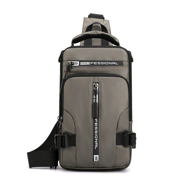 Close-up of the USB port on the water-resistant travel backpack, allowing easy charging of phones and tablets.