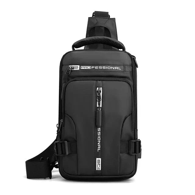 Man wearing the anti-theft water-resistant travel backpack, showcasing its comfortable fit and stylish design.