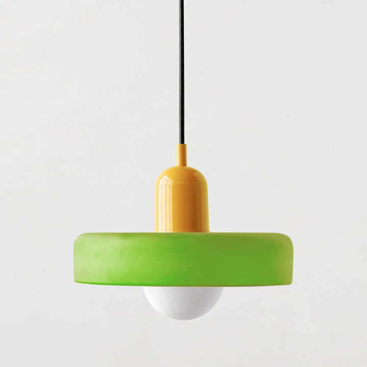 The beauty of colored glass in a striking Bauhaus pendant light.