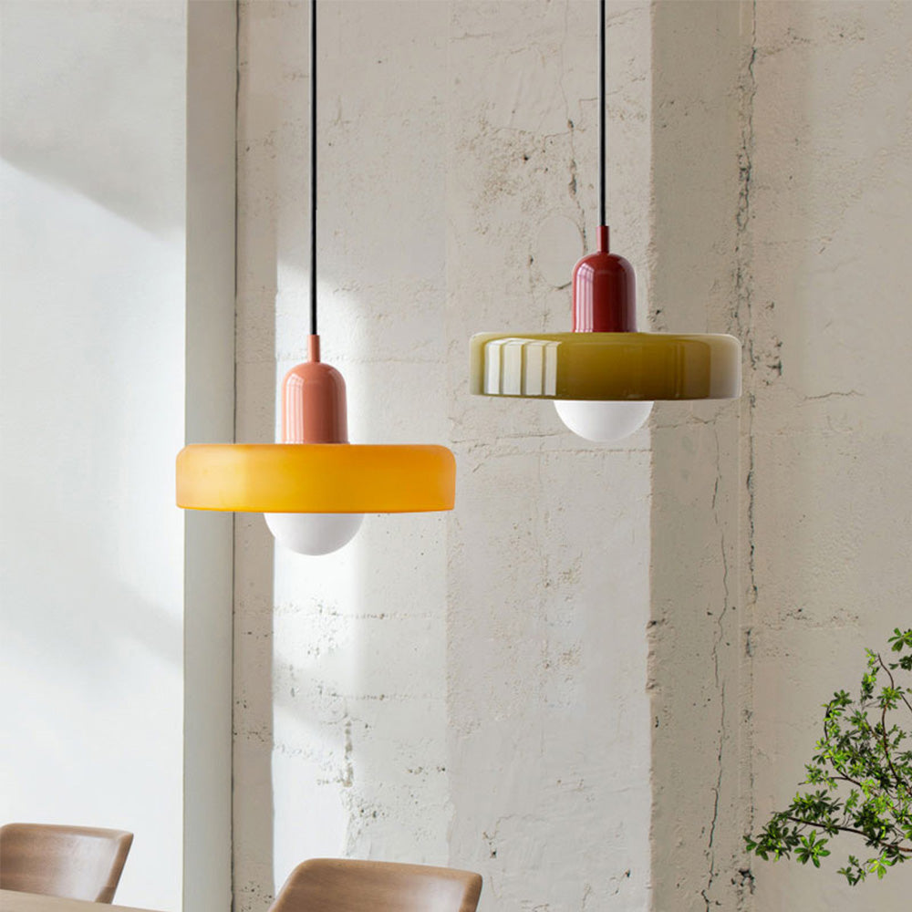 Close-up of colored glass on a Bauhaus-style hanging pendant light.