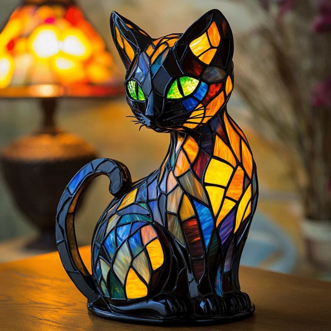 Artistic mosaic cat lamp casting warm ambient light, perfect as a unique decorative table lamp for home decor.