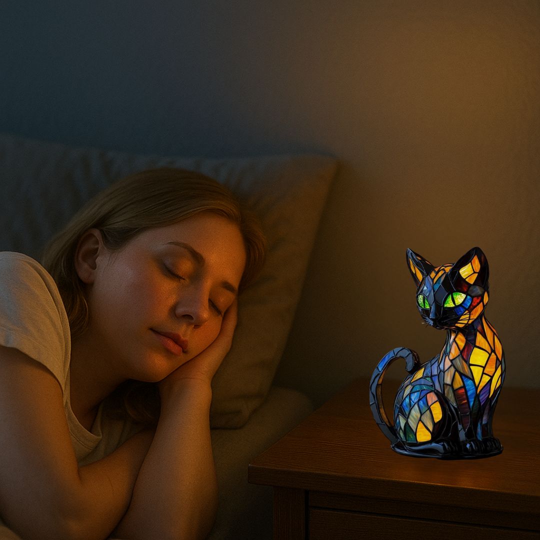 Warm ambient light from a decorative cat lamp, featuring a stunning mosaic design; ideal for home decoration.