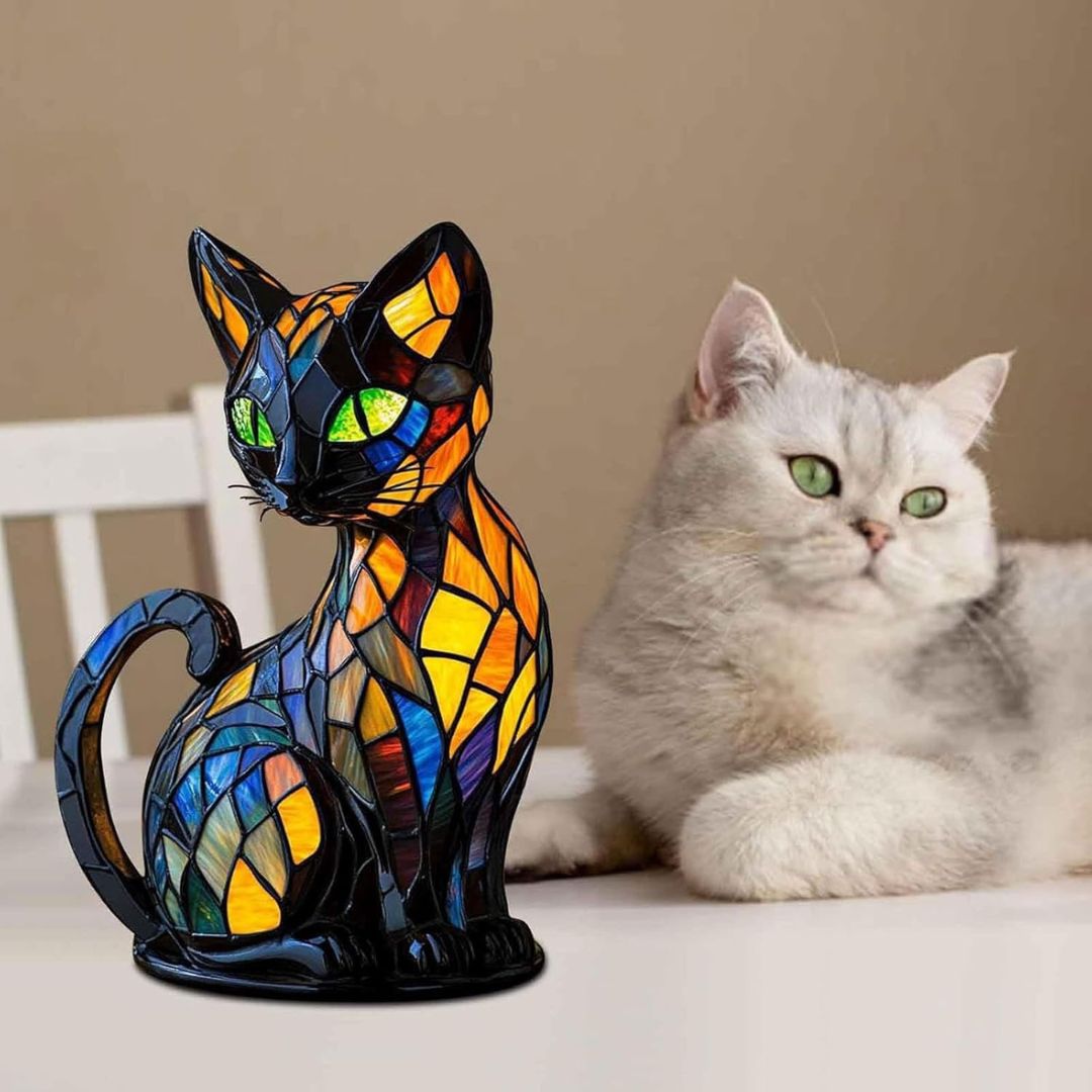 Handcrafted mosaic cat lamp emitting warm ambient light, a unique decorative table lamp for modern home decor.