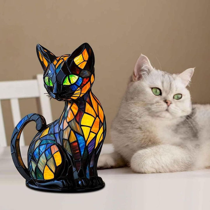 Handcrafted mosaic cat lamp emitting warm ambient light, a unique decorative table lamp for modern home decor.