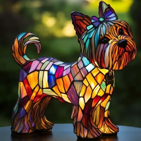 Intricate mosaic dog lamp details creating stunning glow. Artistic table lamp for unique home lighting.