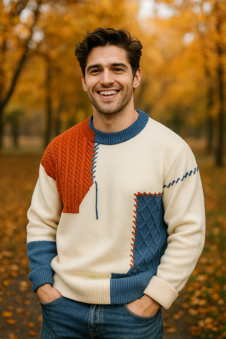 Arty Patch Sweater: Women's unique colorblock knit with artistic patchwork design.