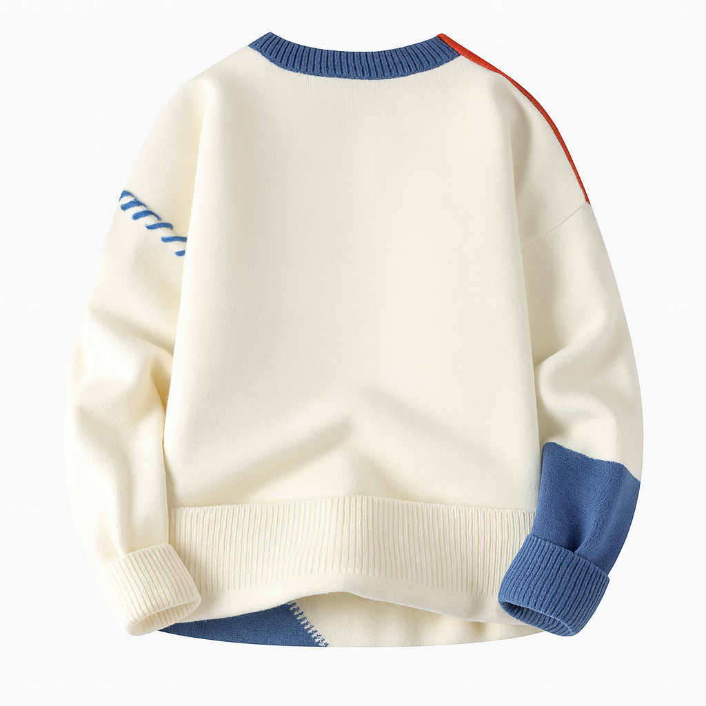 Stylish women's casual knit sweater featuring a bold, artistic patchwork pattern.