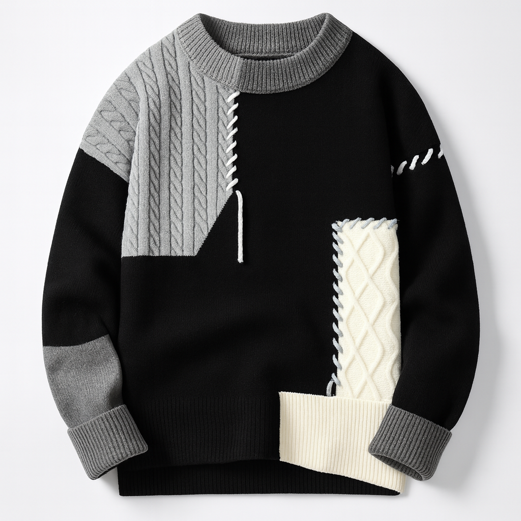 Cozy and fashionable Arty Patch Sweater for women, blending colorblock and patchwork.
