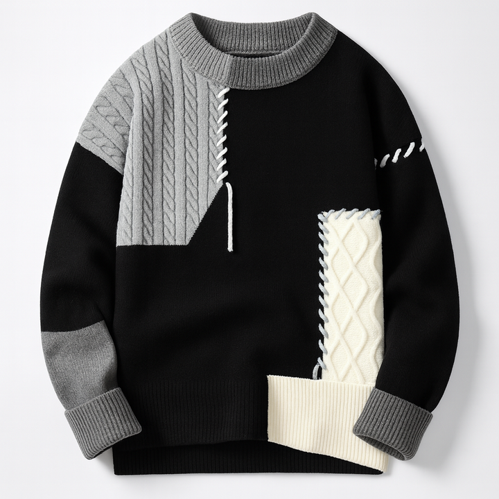 Cozy and fashionable Arty Patch Sweater for women, blending colorblock and patchwork.