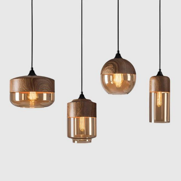 Warm glow emitted by Arven Scandinavian wooden pendant lamp