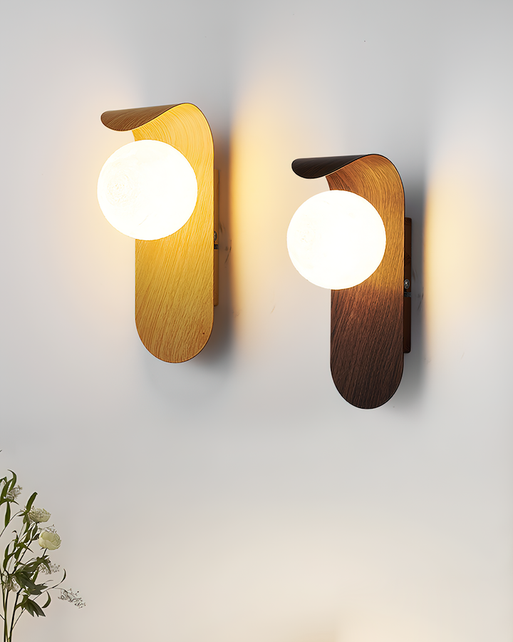 Minimalist wood effect LED wall light for hallways and living rooms.