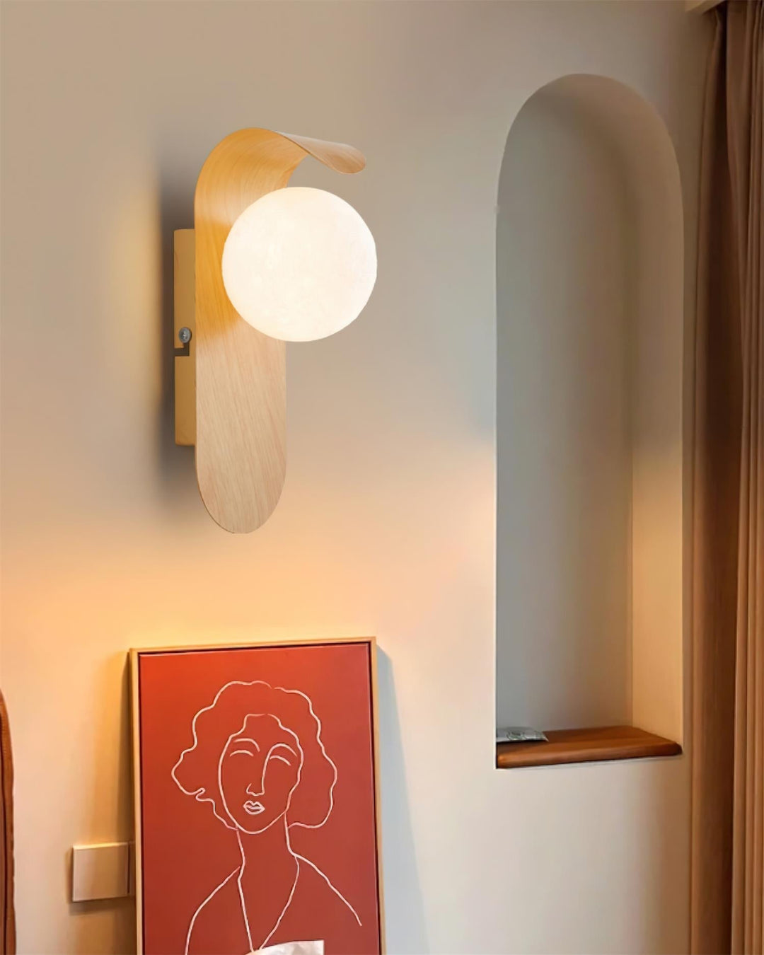 Modern wood effect LED globe light, perfect indoor accent for bedrooms.