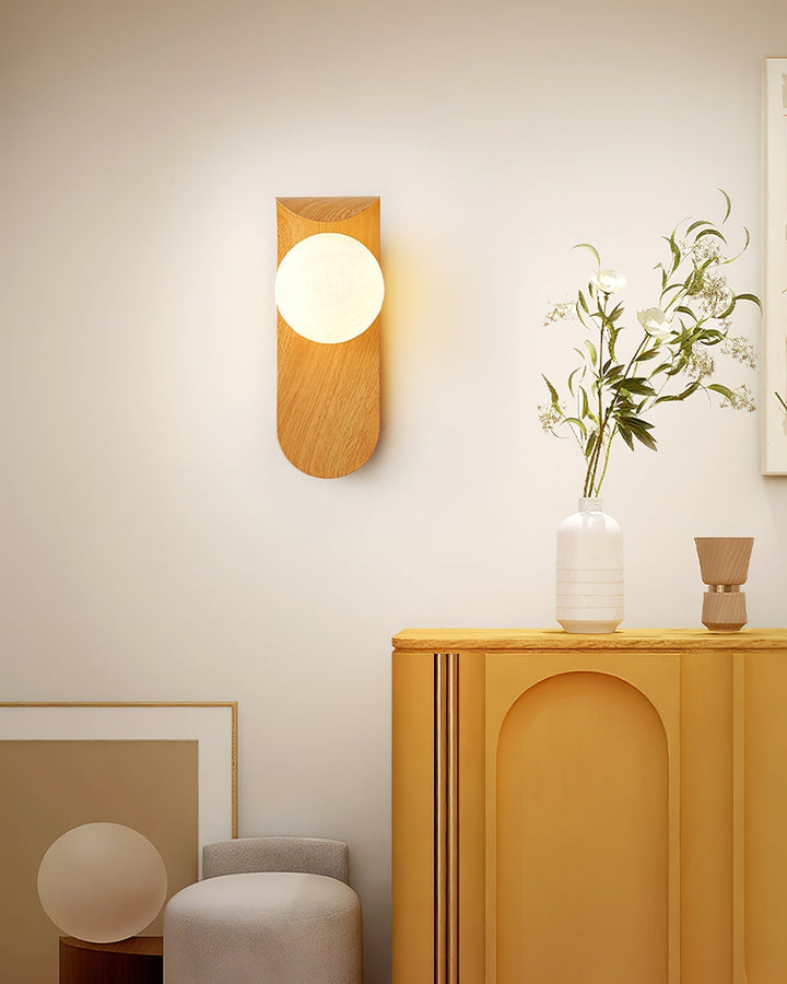Contemporary wood effect LED wall sconce, enhancing home decor with soft light.