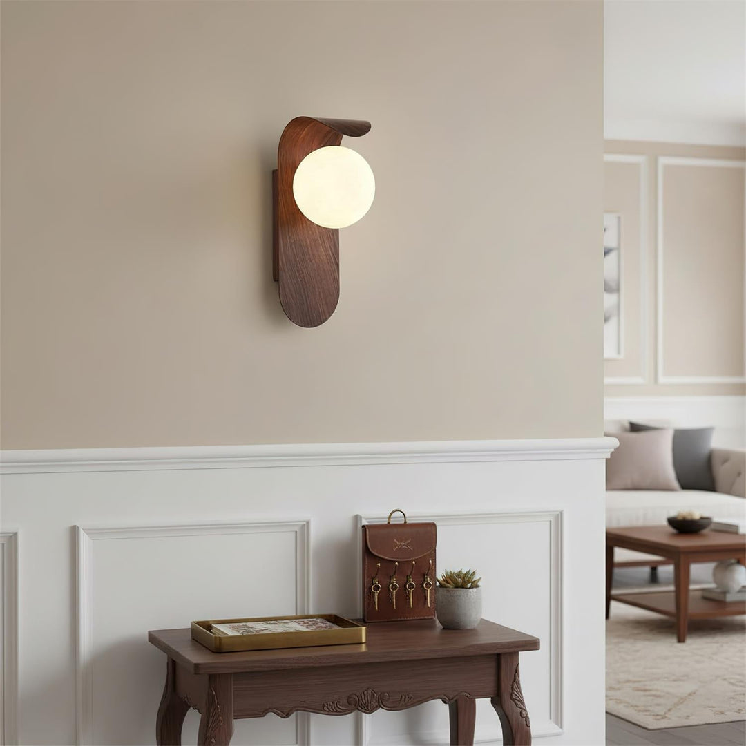 Modern wood effect LED wall light, perfect for bedroom or hallway ambiance.