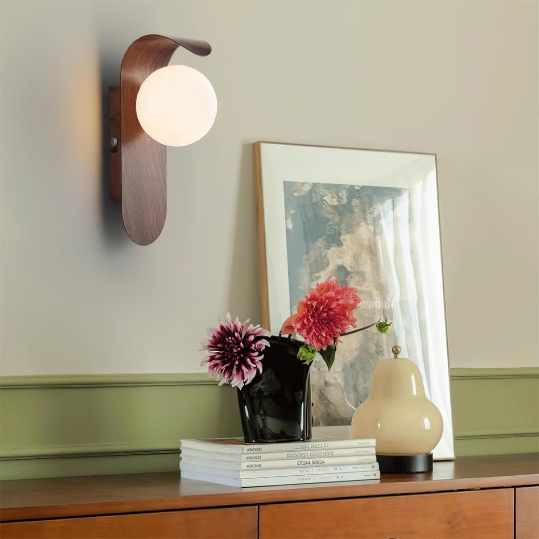 Modern LED wall light, wood effect finish for stylish indoor home decor.