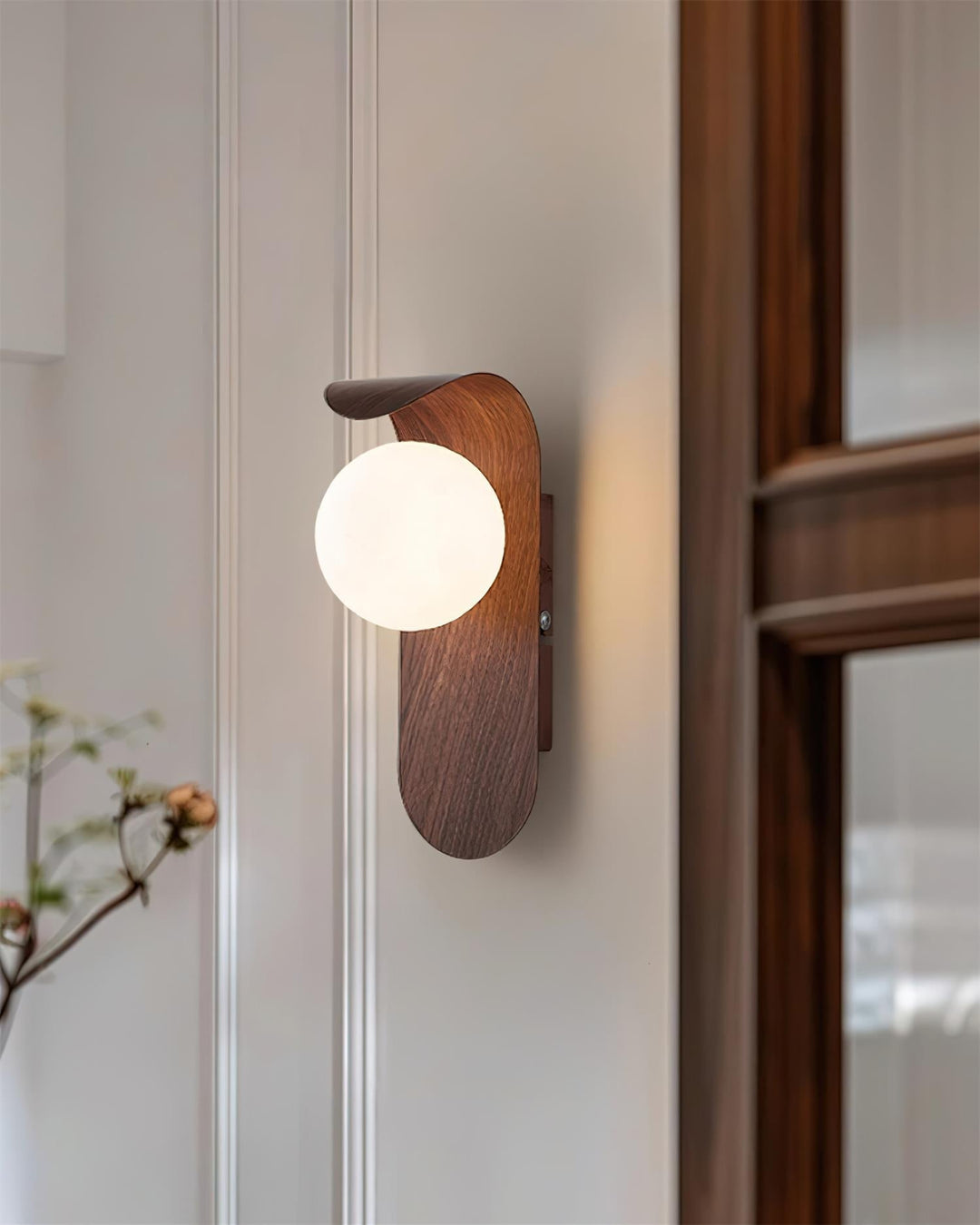 Chic wood effect LED indoor wall light, perfect for modern bedroom decor.