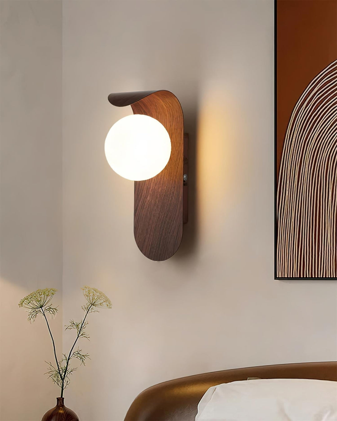 Contemporary indoor LED wall light, wood effect globe design for stylish illumination.