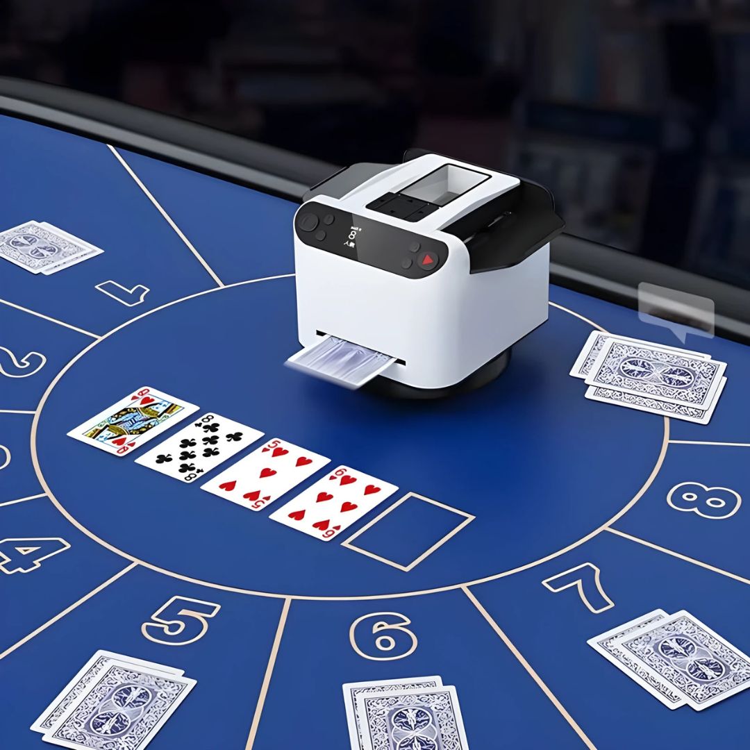 Hands-free automatic card shuffler & dealer, enhancing tabletop game play.