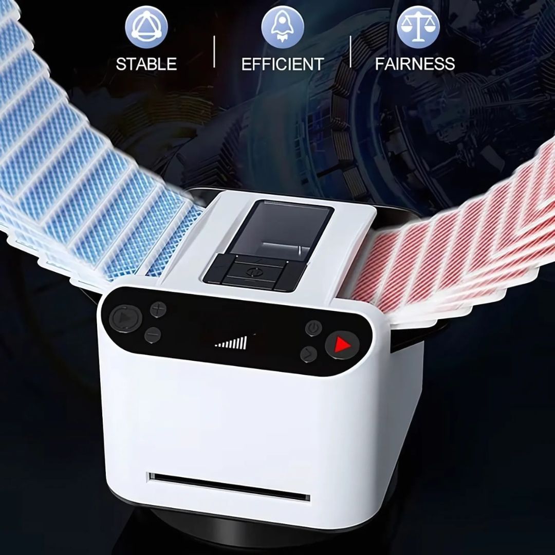 Compact tabletop automatic card shuffler & dealer, ideal for any card game setup.