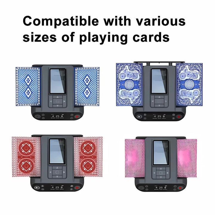 Automatic card machine expertly shuffling & dealing for poker, blackjack, & other games.