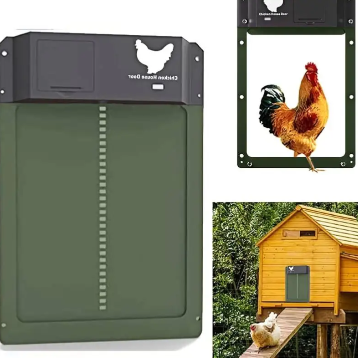 Solar & battery powered automatic chicken coop door system, ideal for farm poultry management & security.