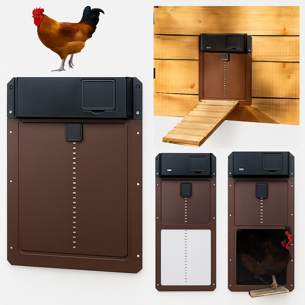 Automatic chicken coop door with light sensor for poultry, providing weatherproof security & easy chicken care.