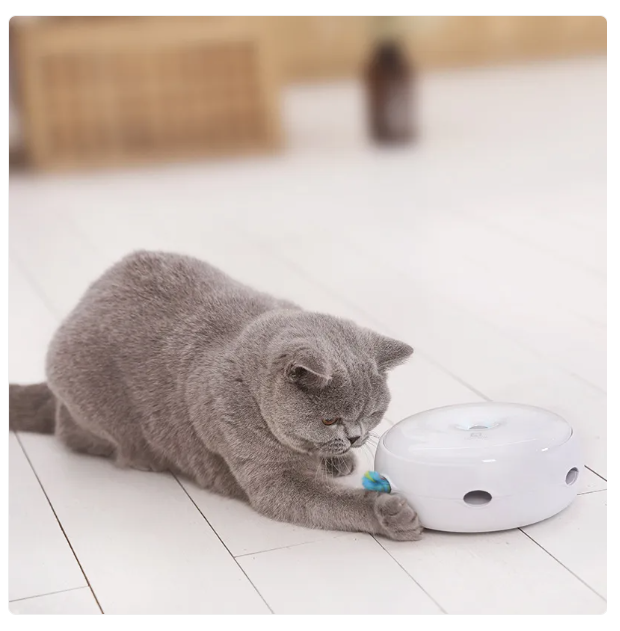 Automatic interactive cat toy with a vibrant rainbow feather for engaging pet entertainment & active indoor play.