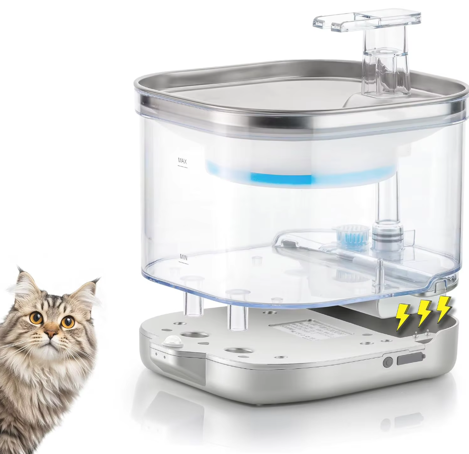Automatic pet water fountain designed for quiet operation. Keeps cats & dogs hydrated with clean water.