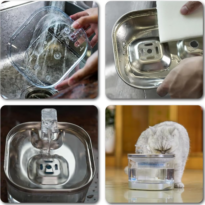 Silent pet drinking fountain for optimum pet health. Automatic water dispenser with multi-layer filtration.