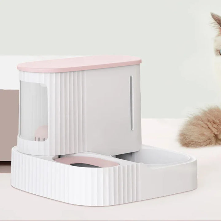 Automatic pet food & water dispenser for cats & small dogs, offering consistent feeding & hydration.