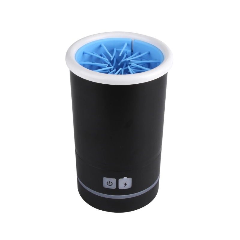 Automatic pet paw washer cleaning a dog's muddy paw with gentle brushes.