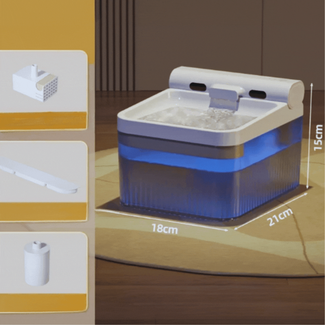 Modern automatic pet water fountain with triple filtration, providing continuous fresh water for cats and dogs.
