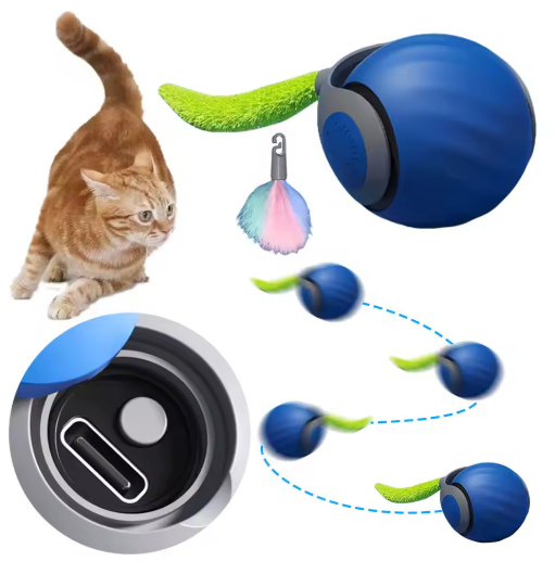 Automatic rolling cat toy ball with a colorful feather tail, designed for interactive play and kitten enrichment.