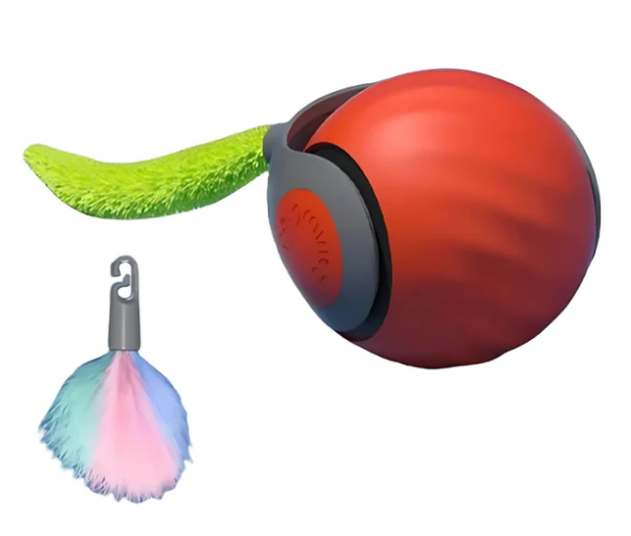 Interactive automatic rolling cat toy for solo play, featuring a fun feather tail for stimulating feline instincts.