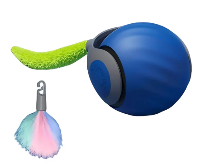 Vibrant automatic rolling play ball cat toy with a long, flowing feather tail, perfect for active indoor cats.