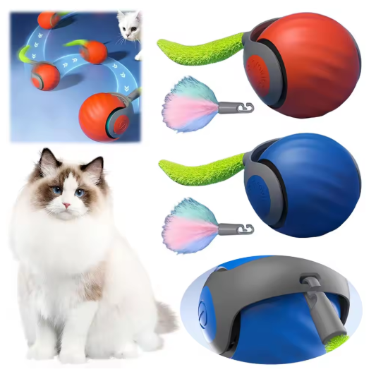 Dynamic automatic rolling cat toy ball featuring an enticing feather tail, encouraging active indoor cat play.