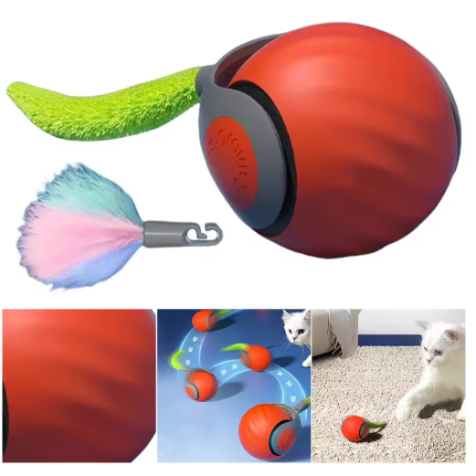 Automatic rolling interactive cat toy ball with a soft feather tail for endless fun and feline entertainment.